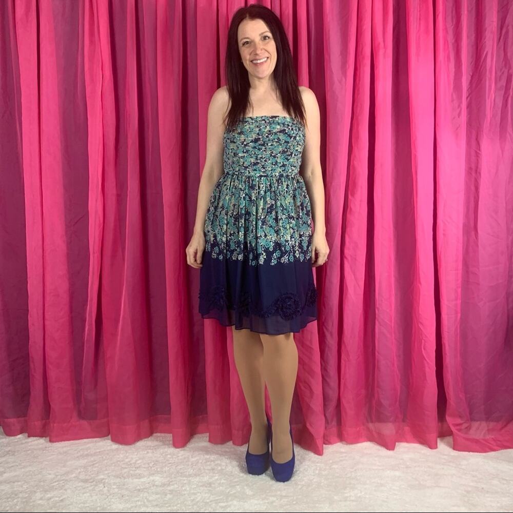 LC Lauren Conrad Blue floral pleated bust and decorative hem sundress dress, 8